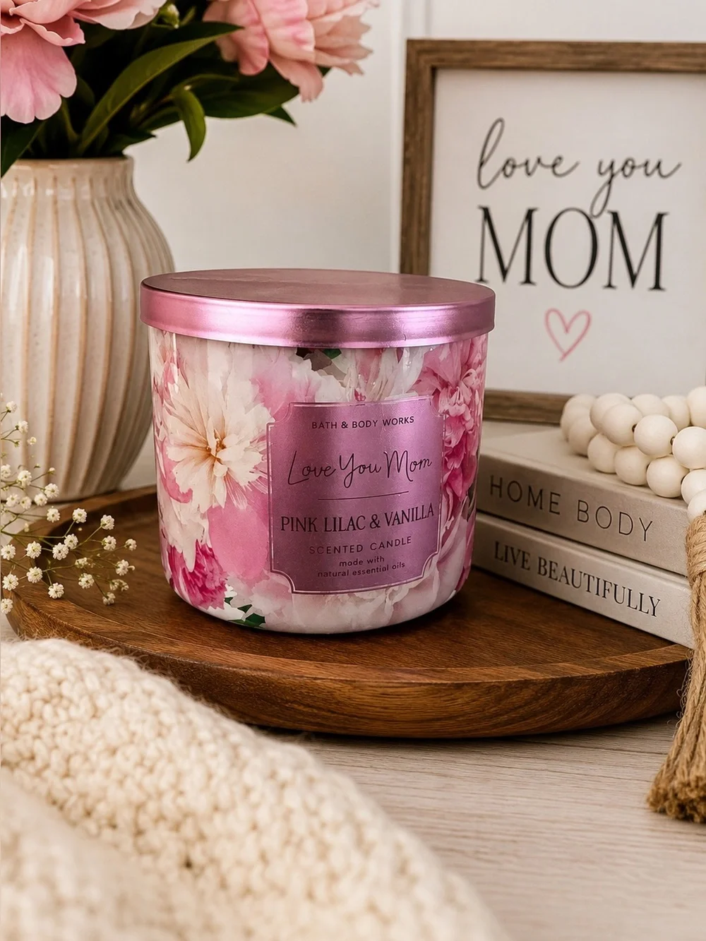Bath & Body Works Pink Lilac Vanilla 3 Wick Candle Love You Mom 14.5 Oz NWT